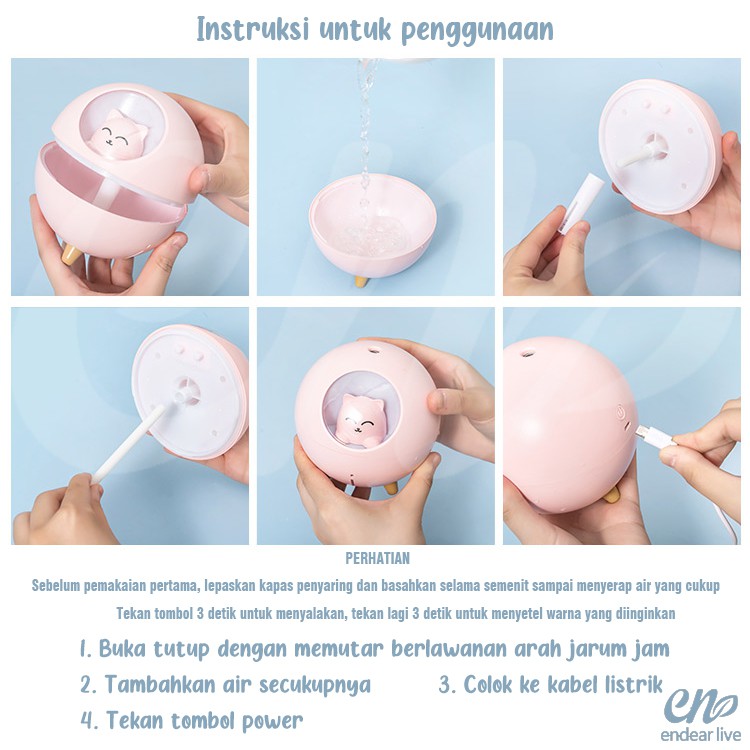 [endear]100% ORI anak kucing Humidifier 220ML Essential Oil Diffuser Aroma Terapi Pengharum Ruangan-4