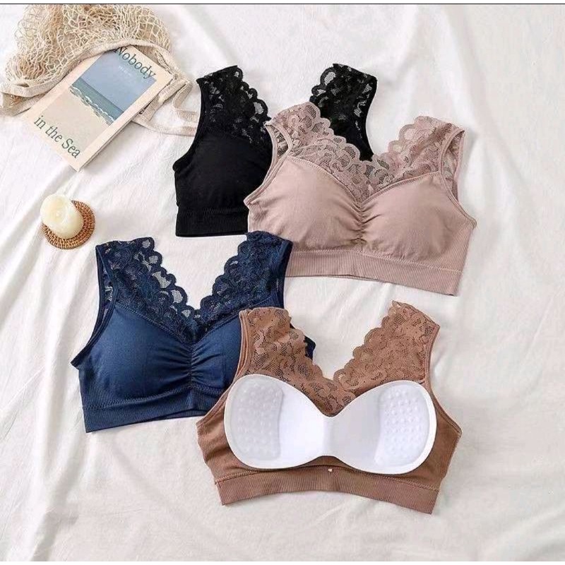 Bra BH V Neck Renda Busa Tanpa Kawat Spons Kupu Aksen Hem Lace Pakaian Dalam Olahraga Sport Zoga Zum