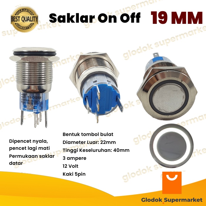 Switch Metal 19mm Push On Off Lampu 5 Pin Saklar Stainless 5pin LED Tombol Self Locking 12V Yijia