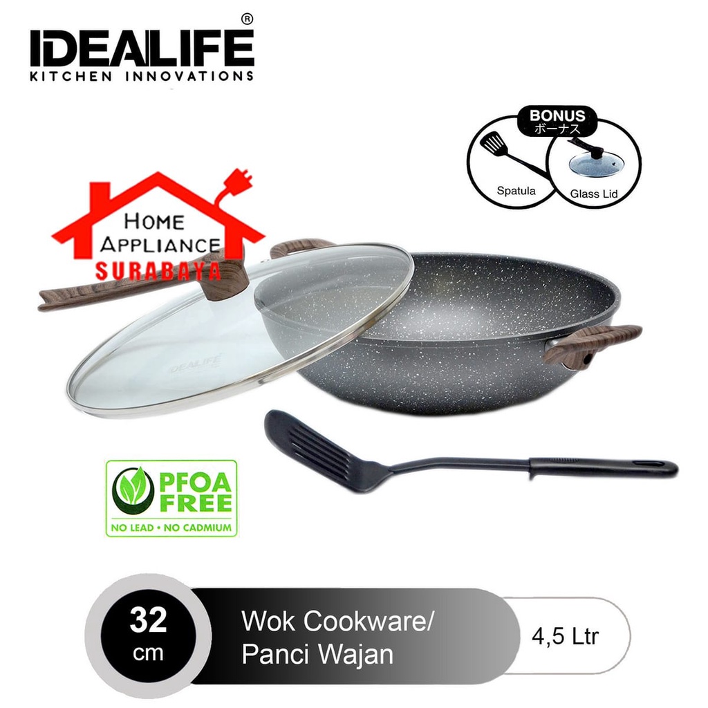 IDEALIFE Panci Wajan - Wok Cookware Marble Anti Lengket + Tutup Kaca Bonus Spatula 28cm IL-28WK / 30cm IL-30WK / 32cm IL-32WK