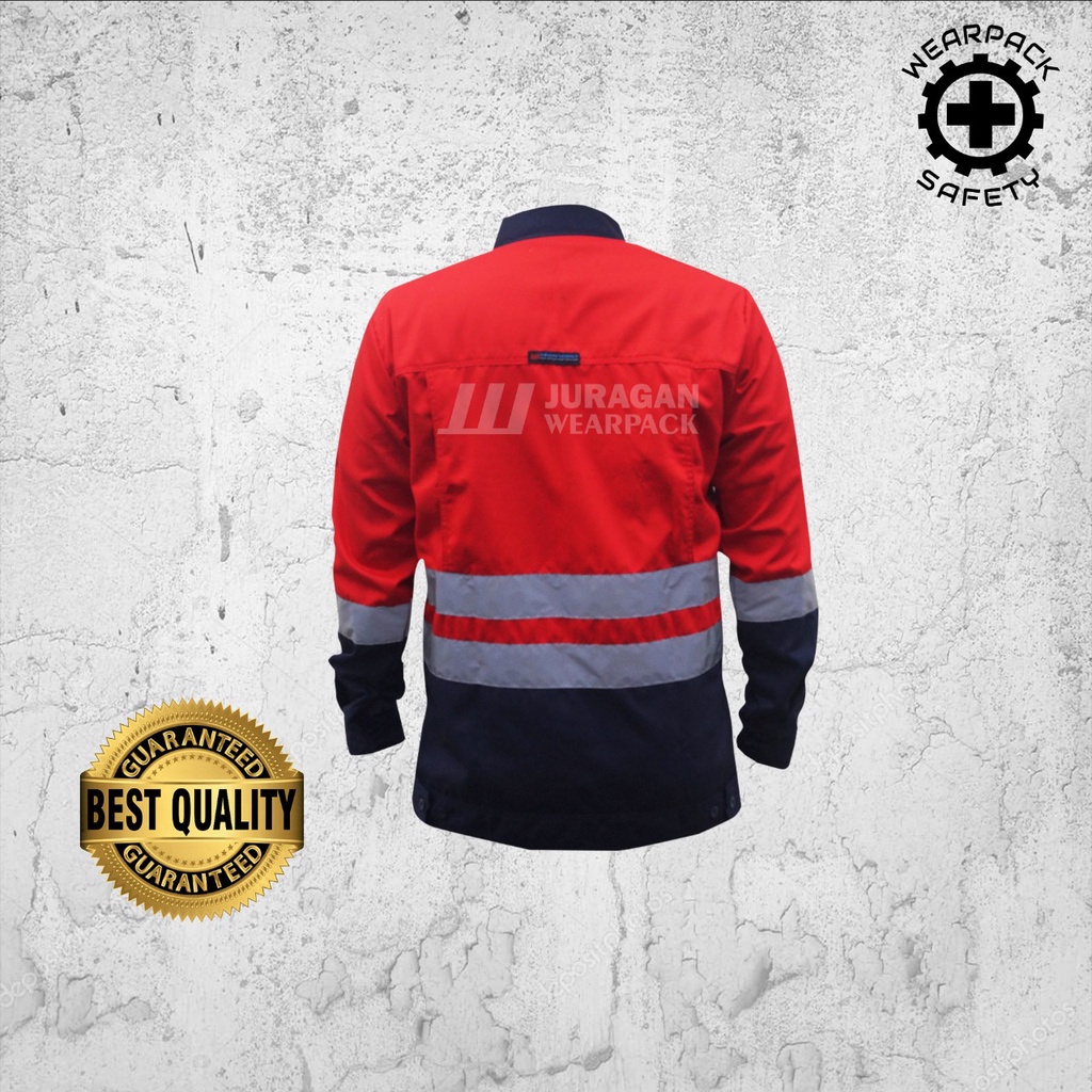 Wearpack Kerja Atasan / Baju Wearpack Safety Merah Kombinasi Biru Navy