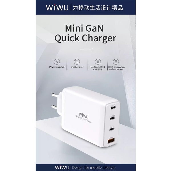 WIWU MINI GaN Fast Quick Charger 4 Ports - Total Power 120W - Charger 2 USB-C Port &amp; 1 USB-A Port - Support PD &amp; QC3.0