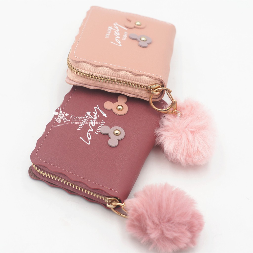 (COD) DOMPET WANITA PLUS POMPOM DOMPET LIPAT KOREAN FASHION WOMEN WALLET