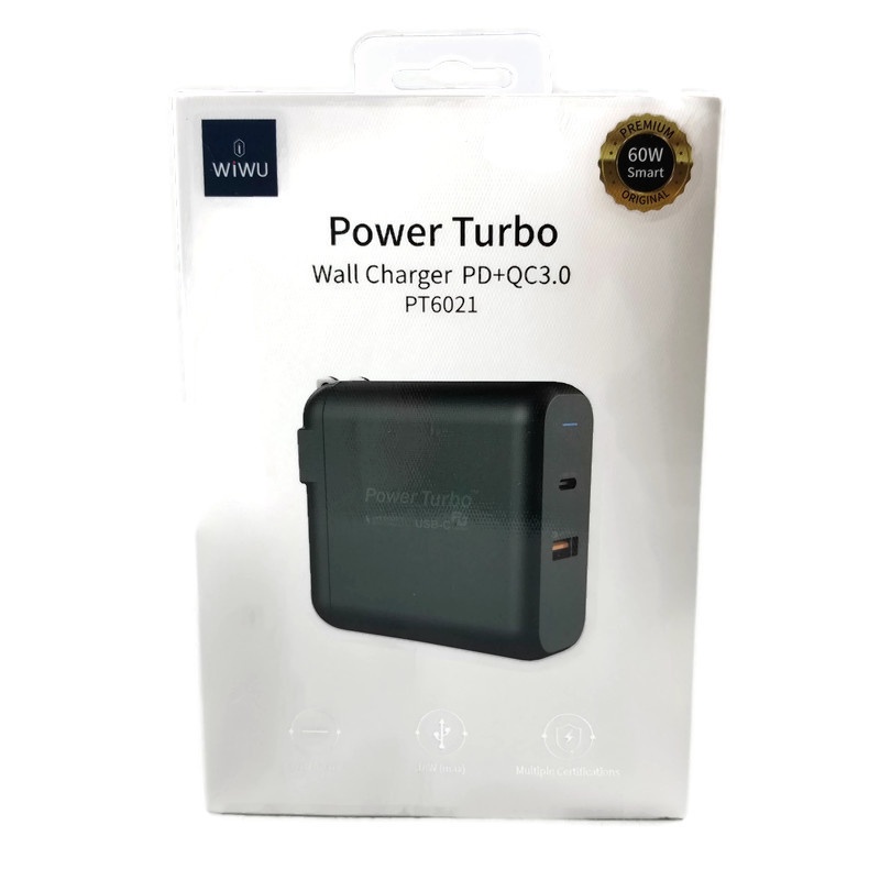 AKN88 - WIWU POWER TURBO PT6021 - Dual USB Wall Charger PD and QC3.0 - 60W MAX