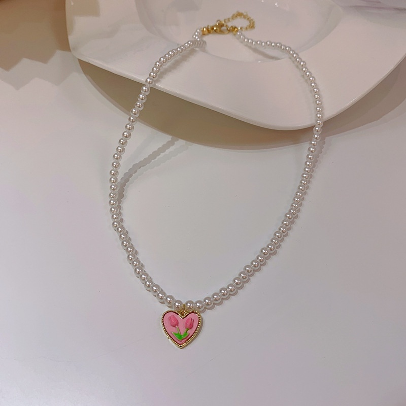 Kalung Mutiara Bentuk Bunga Tulip Warna Pink