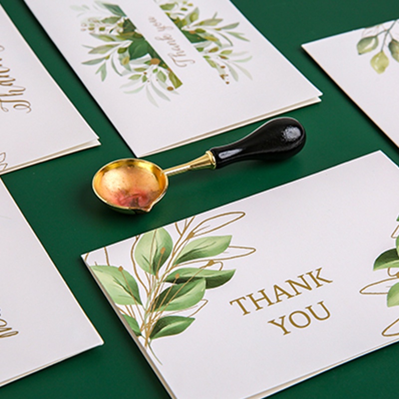 6 Pcs INS Bronzing THANK YOU Greeting Cards with Envelopes Green Leaves Message Cards