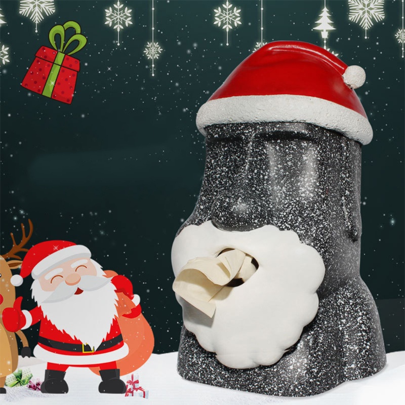 Zzz Stone Moai Patung Wajah Dengan Topi Santa Bahan Resin Untuk Holder Kotak Tisu