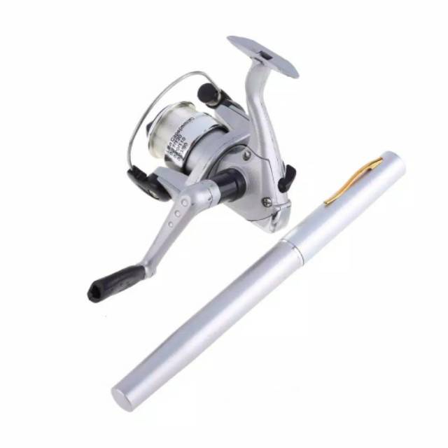 Pen Fishing Rod Pole Reel + Line Silver Portable