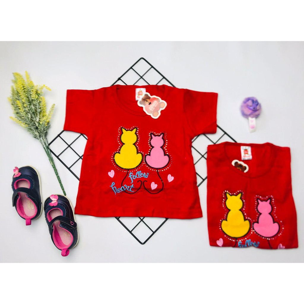 kaos atasan bordir anak perempuan kucing merah ukuran 1-9 tahun / baju kaos bordir anak perempuan