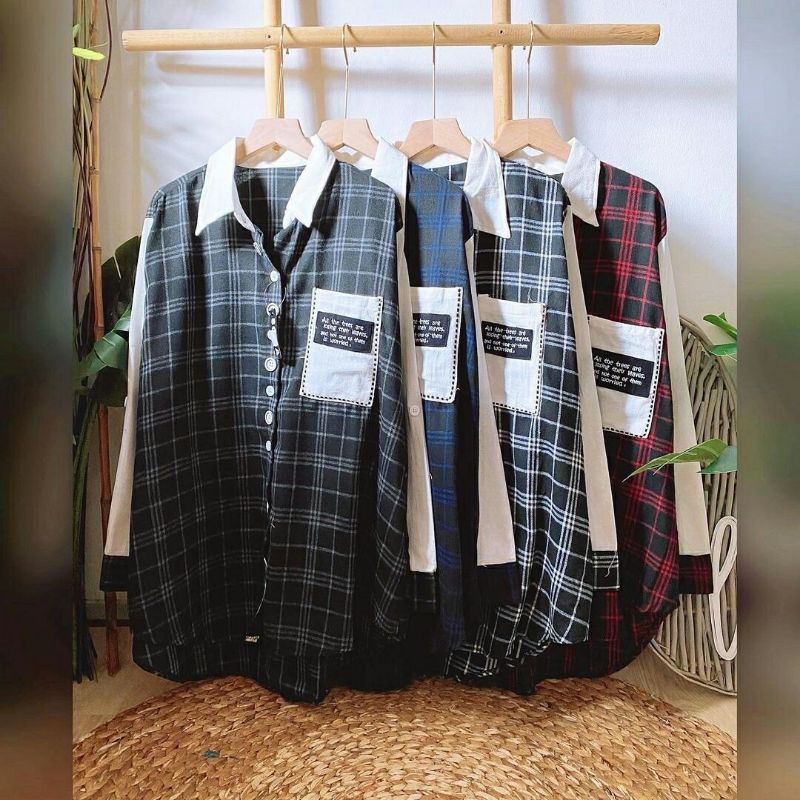 Flanel Tunik wanita long tunic cewe bahan tebal motif kotak kotak 2 keren fashion daily casual cewek