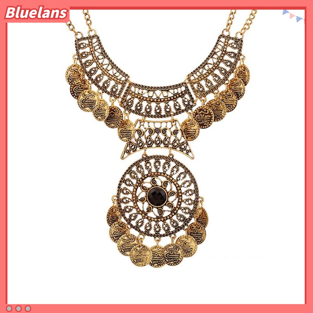 Bluelans Kalung Rantai Ganda Desain Koin Bunga Gaya Boho Etnik Vintage Untuk Wanita