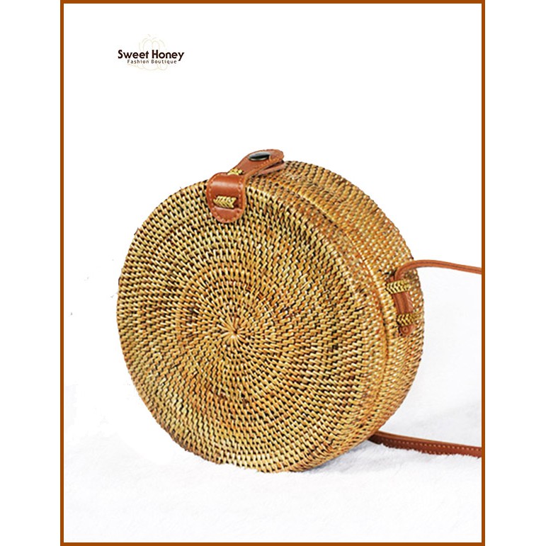 Sweet Honey ~ Grosir Tas Rotan Ate Tas Selempang Bulat Bali Coklat Natural Rattan Bag Natural Diameter 20cm