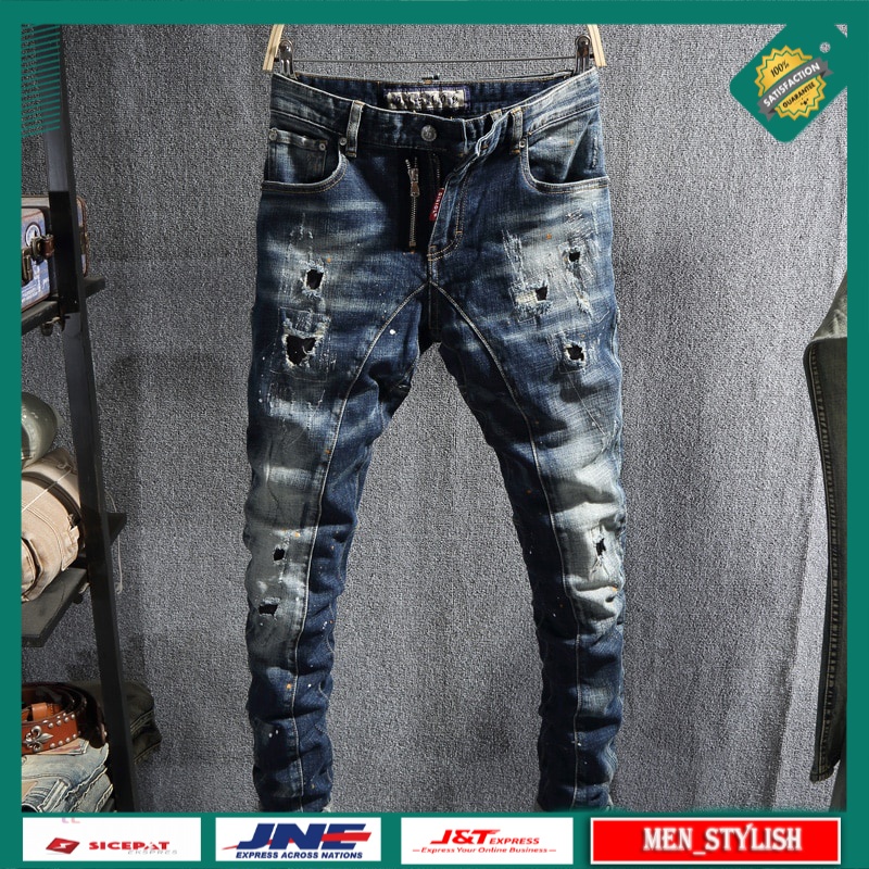 Celana Jeans Panjang Pria Italian Style Fashion  Dark Blue Spliced Designer Destroyed Ripped Jeans M
