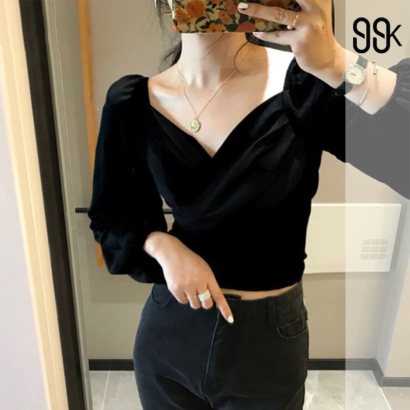 Long Sleeve Velvet Blouse Atasan Lengan Panjang Bludru 1335 (XS-XL)