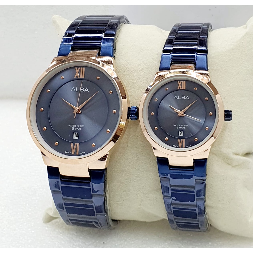 Jam Tangan Couple Fashion Alba C41603T Tali Rantai Tanggal Aktif Free Box &amp; Baterai