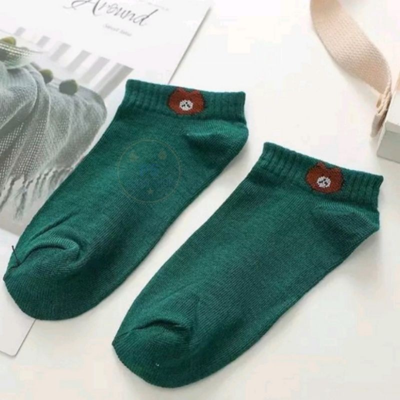 Kaos Kaki Fashion Wanita Pria  Motif Semata Kaoskaki Ankle Socks BERUANG BUNGA BEAR DAISY FLOWER PS-BEAR - HIJAU
