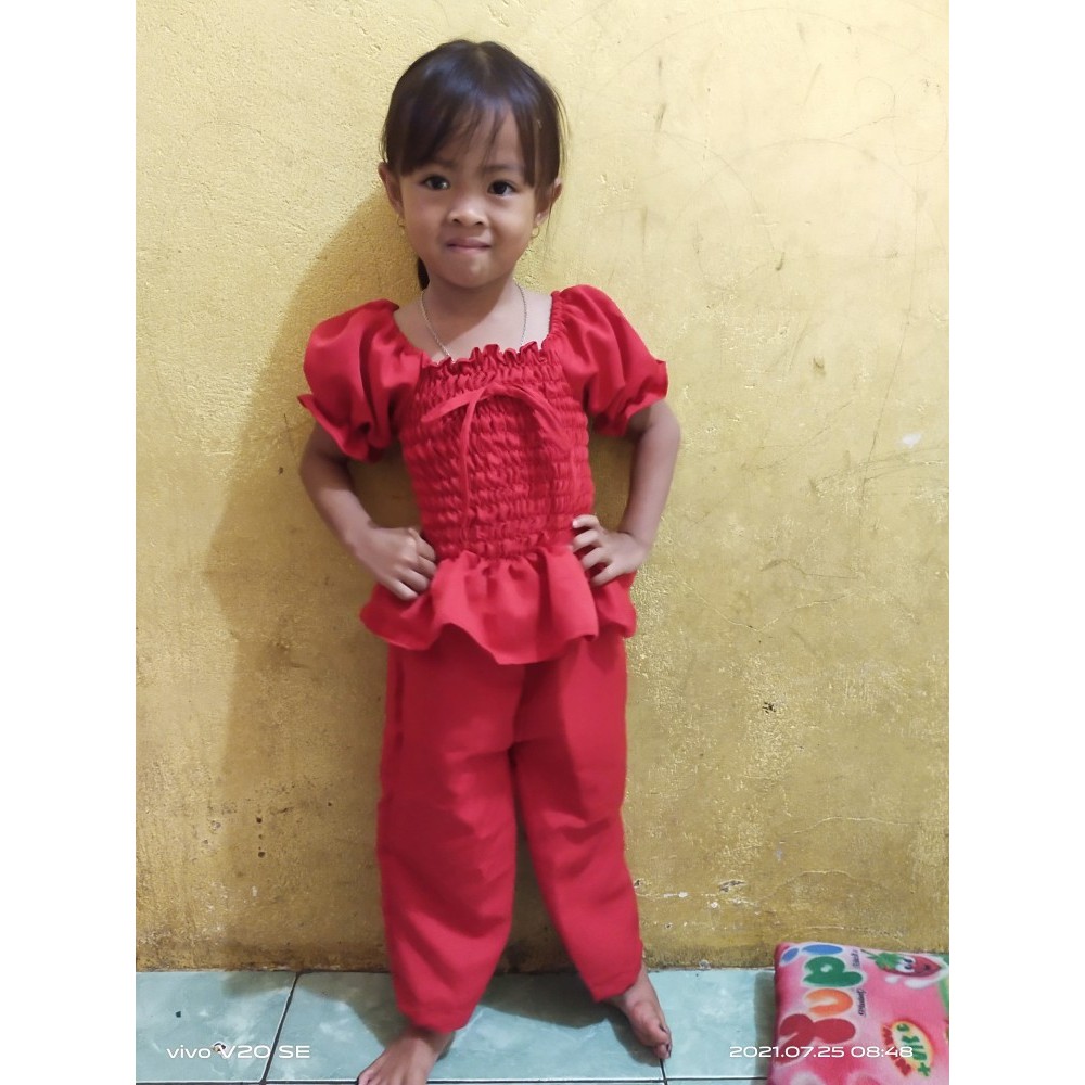 St Nana kids Setelan Chaca Kiddy Sabrina Kerut / Sabrina Serut Anak / Atasan Anak Perempuan / Blouse Korean Style + Celana denim setelan anak usia 3-5tahun