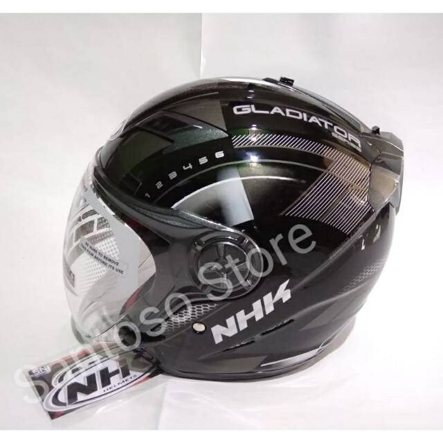 Helm Half Face Dewasa NHK Gladiator Indy Double Visor Black Silver Hitam Perak