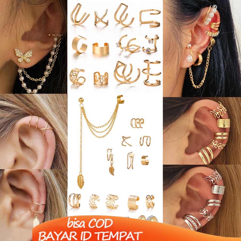 COD❤️8Pcs/set Anting Klip Mutiara Korea Emas Untuk Wanita Vintage Cincin Set Fashion Disesuaikan Perhiasan Aksesoris Murah