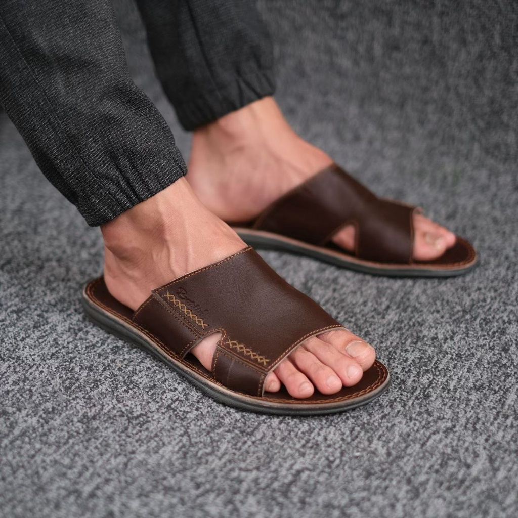 Sandal Kulit Sapi Asli Slide Pria Casual Formal Pesta Kondangan Original Barlin Gaya Kekinian Terbaru Trendy Murah Terlaris Coklat Hitam Tan