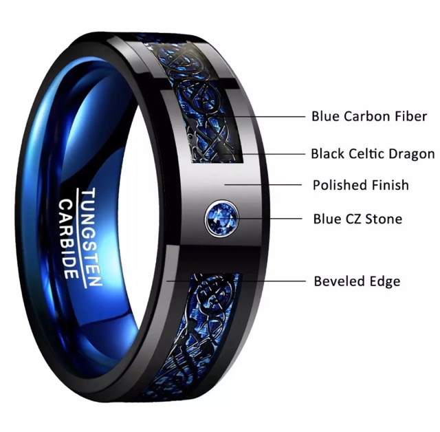 Cincin Pria Tungsten Carbide Original Blue Celtic Dragon Cubic Zirconia Premium