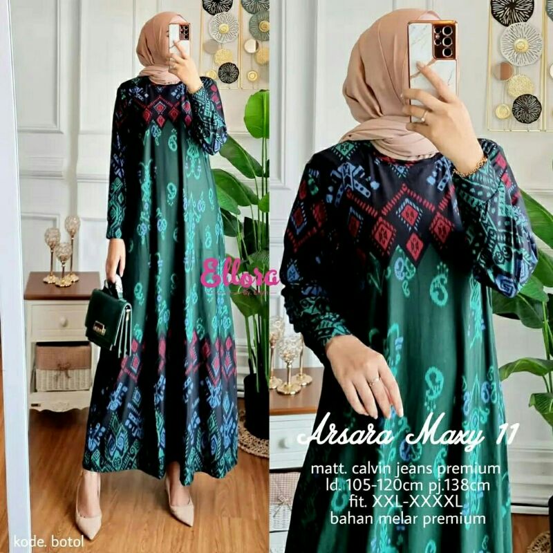 Arsara Maxy mustard black ijo botol brick gamis syari Calvin jeans motif etnik cantik daily ootd new