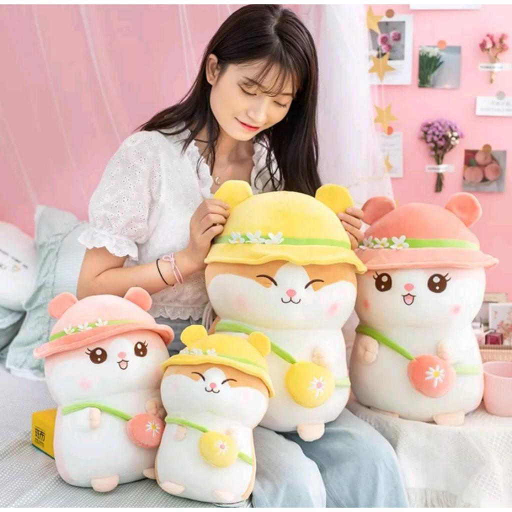 Mainan anak boneka hamster lucu pake topi bunga dan tas boneka ukuran 30 cm Terbaru bahan plus lembut