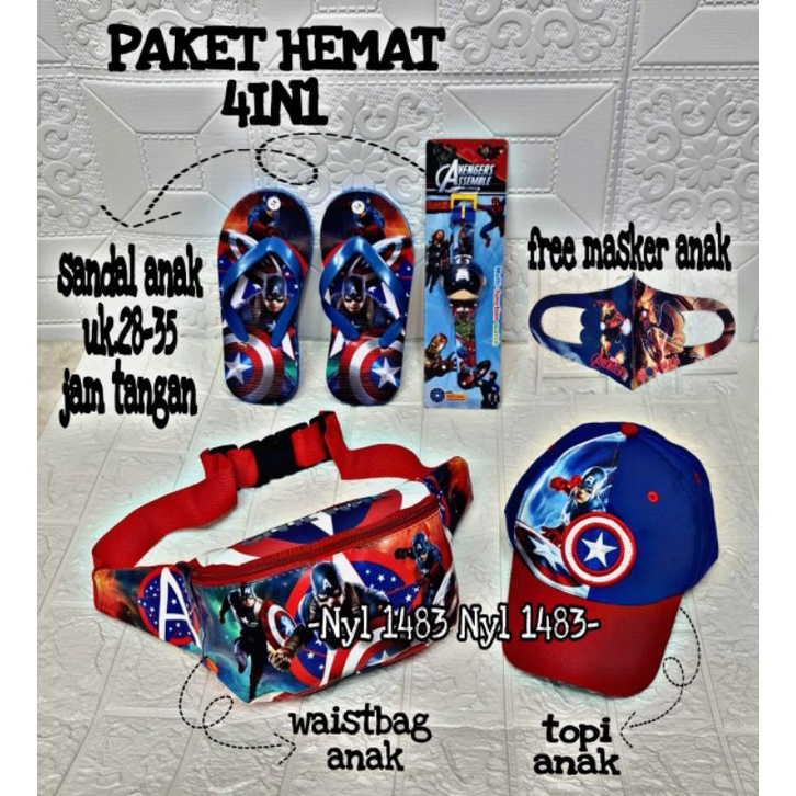 Paket Hemat 4in1 tas Waistbag anak laki-laki karakter superhero / free topi/ jam/ sandal