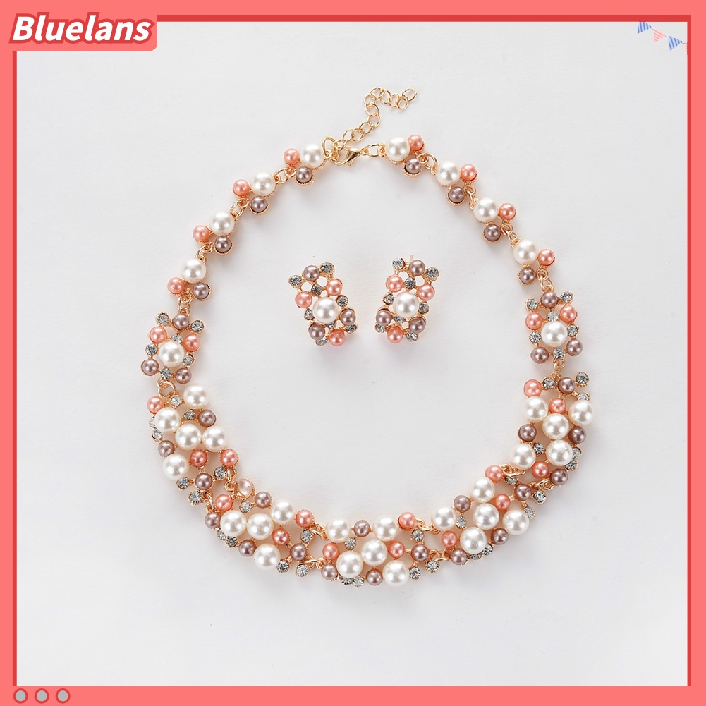 Bluelans 2Pcs / Set Kalung Dan Anting Mutiara Berlian Imitasi Untuk Wanita