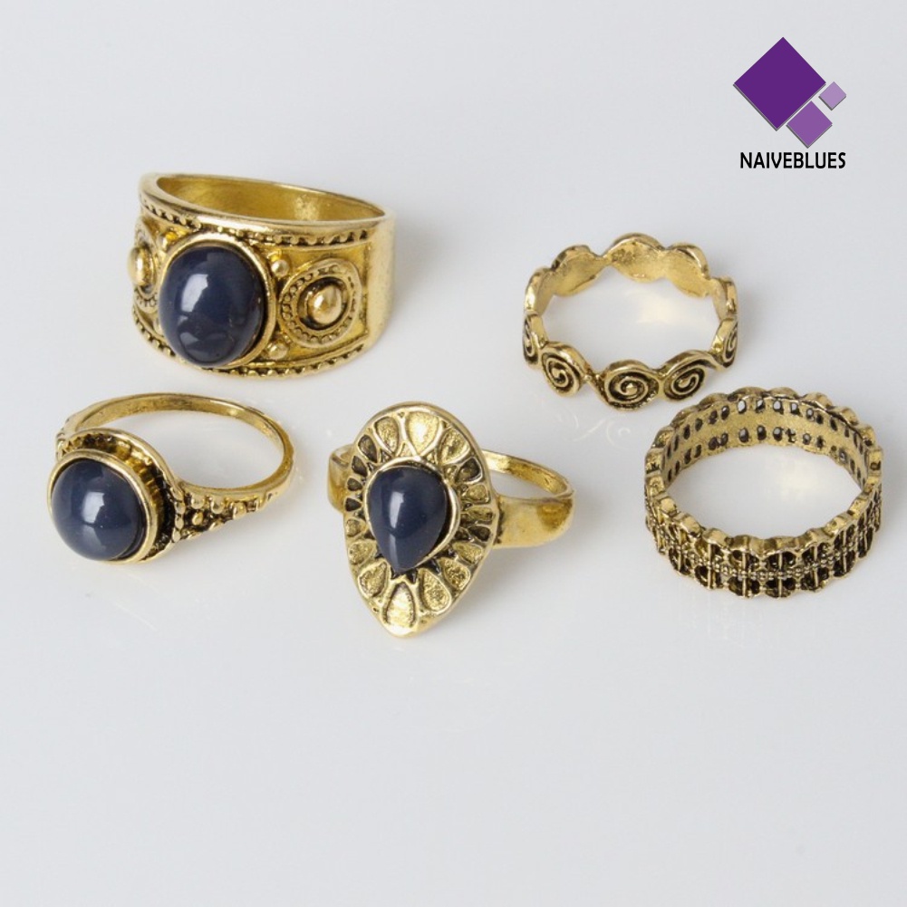 Naiveblue 5Pcs / Set Cincin Gaya Vintage Bohemia Aksen Batu Biru Untuk Perhiasan Wanita