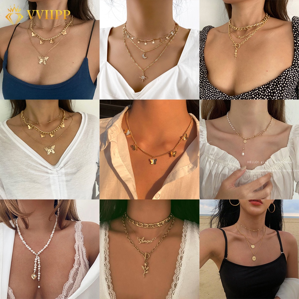 Fashion Multilayer Gold Necklace Butterfly Snake Lock Pendant Necklaces Chain Choker Retro Women Jewelry Accessories