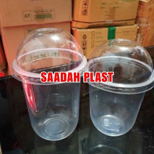  50set Gelas Plastik Oval 14oz 16oz Tutup Cembung U 