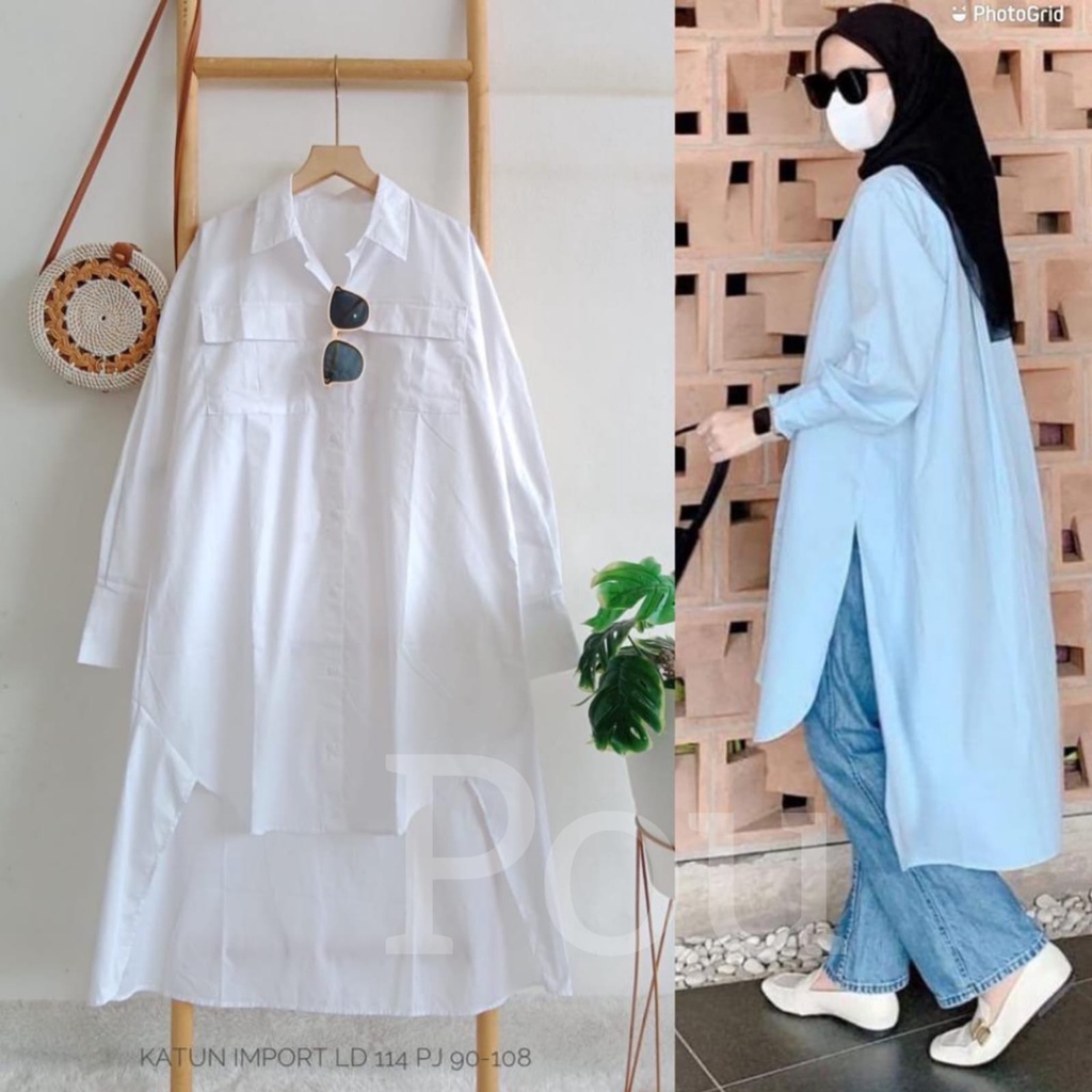 SPESIAL LONG TUNIK POLOS PUTIH DAN BIRU KANTONG DUA KATUN  PREMIUM LENGAN PANJANG / LONG TUNIK CANTI