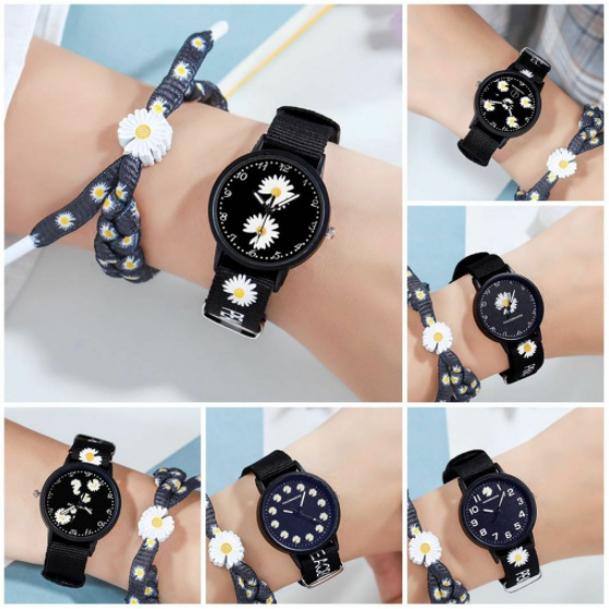 ✅COD Jam Tangan Wanita Quartz Analog Motif Bunga Daisy Bahan Nilon Kanvas Untuk Wanita Watch