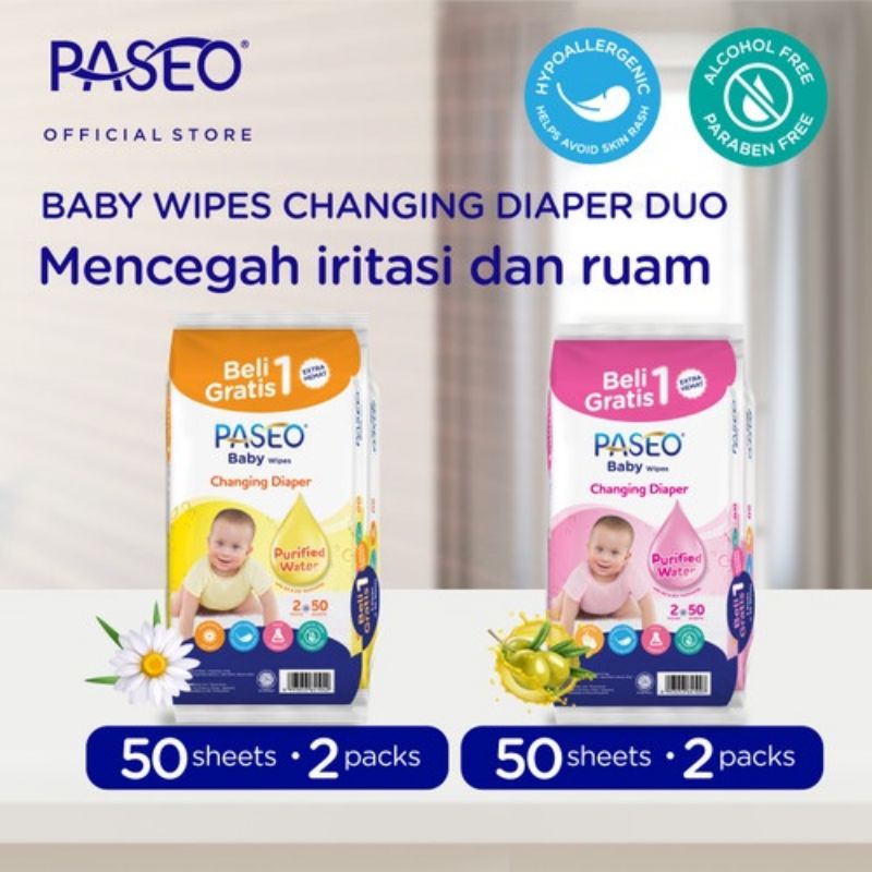 Paseo Baby Wipes 50+50's (Beli 1 Gratis 1)