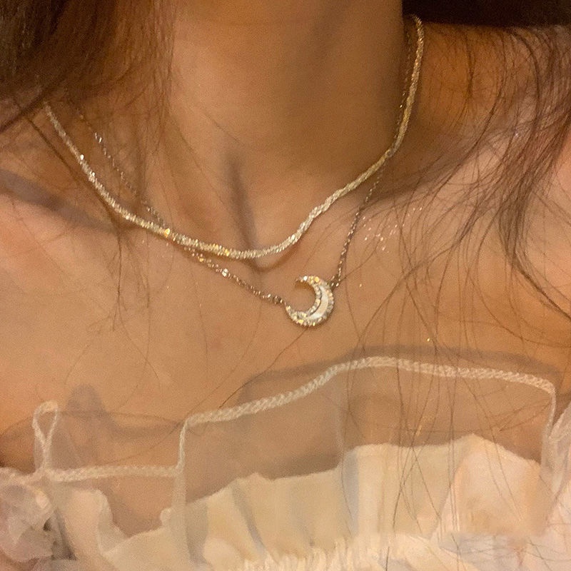 Qixi hadiah ~ set double-layer kalung cahaya mewah minoritas rasa desain kalung aksesoris baru hip h