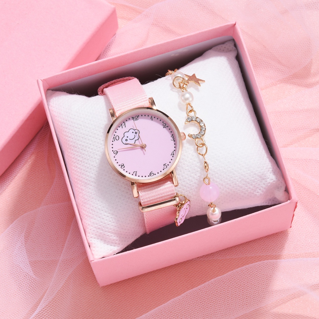 Jam Tangan Wanita Remaja Harajuku Nylon PINK EDITION Korean Style Strap Canvas Motif Unicorn Fashion Import