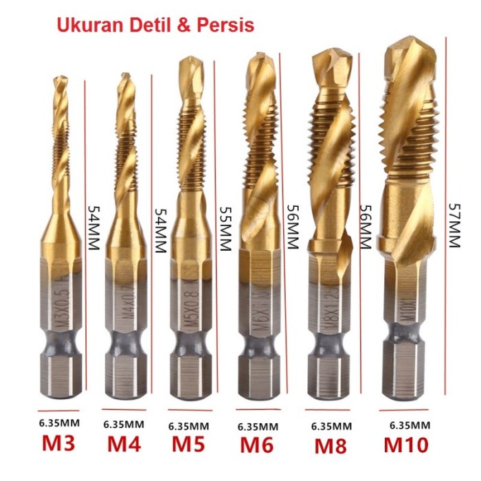 FMFIT 6Pcs Mata Bor Pembuat Ulir Drat Mur Baut Tap Drill Hex 1/4&quot; M3-M10