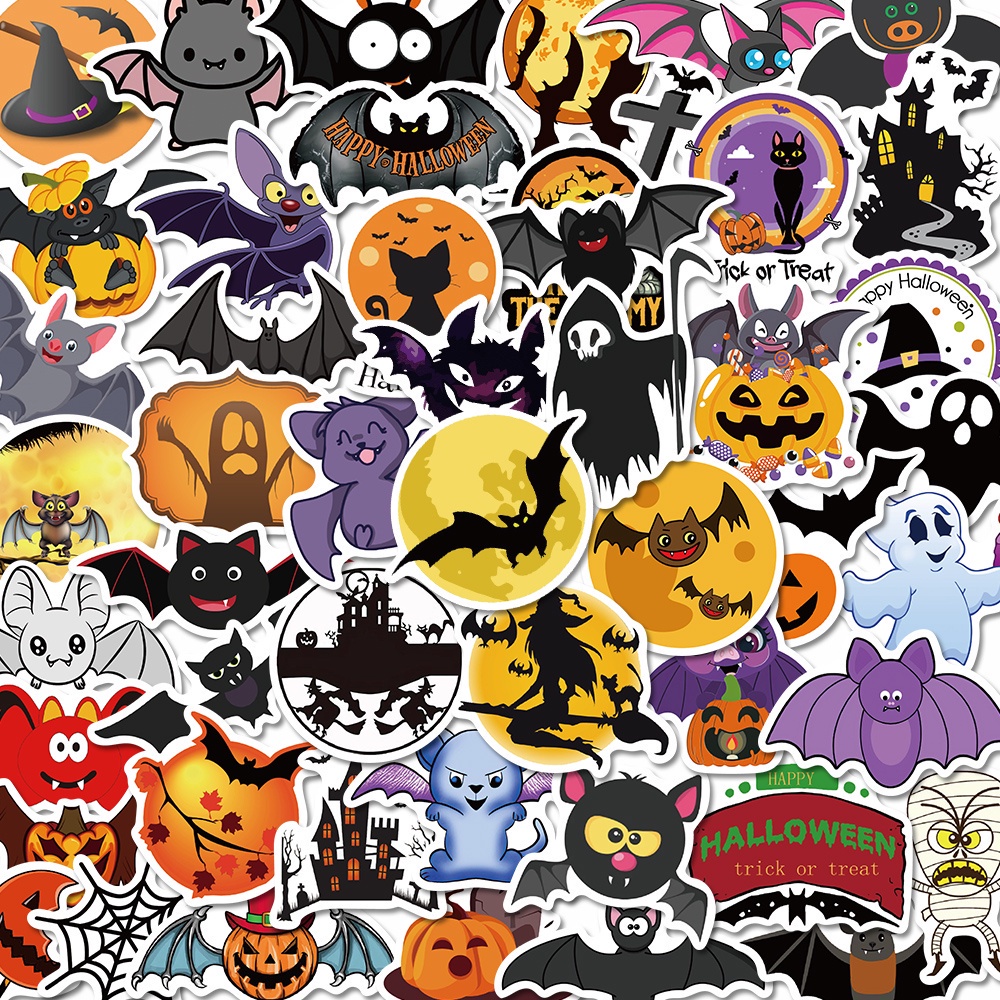 50 Pcs Stiker Graffiti Kartun Labu Kepala Kelelawar Halloween Tahan Air Untuk Dekorasi Laptop