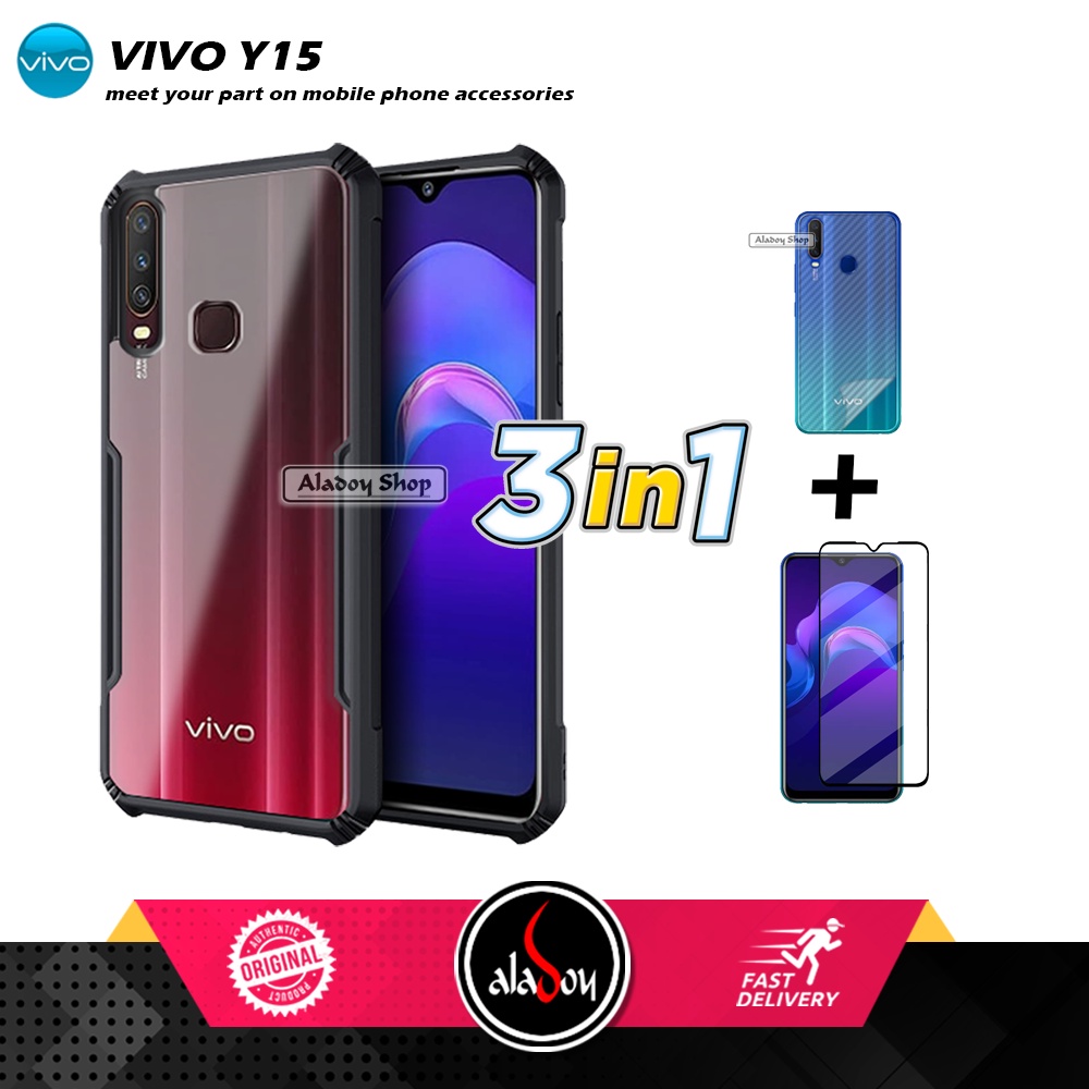 Case VIVO Y15 Armor Fushion Transparent Casing + Tempered Glass Full Layar dan Skin Carbon