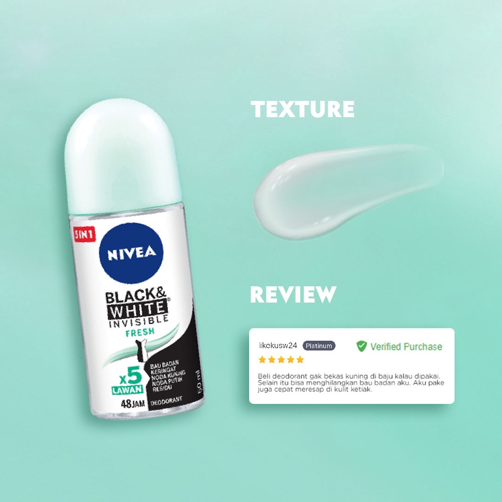 NIVEA Deodorant Roll On Black &amp; White Invisible Fresh 50ml - Cegah noda kuning, Segar sepanjang hari