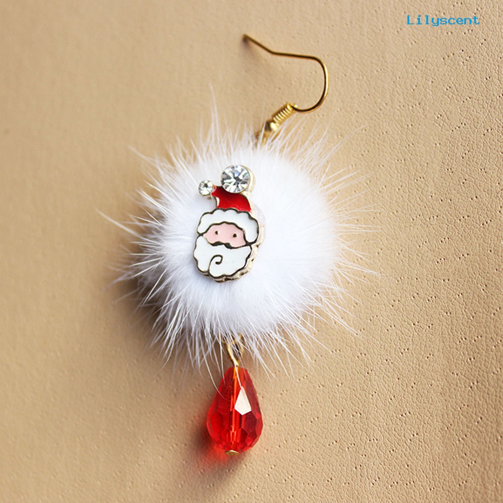 Lilyscent 1 Pair White Plush Ball Red Rhinestone Xmas Earrings Alloy Santa Claus Elk Pendant Hook Earrings Fashion Jewelry