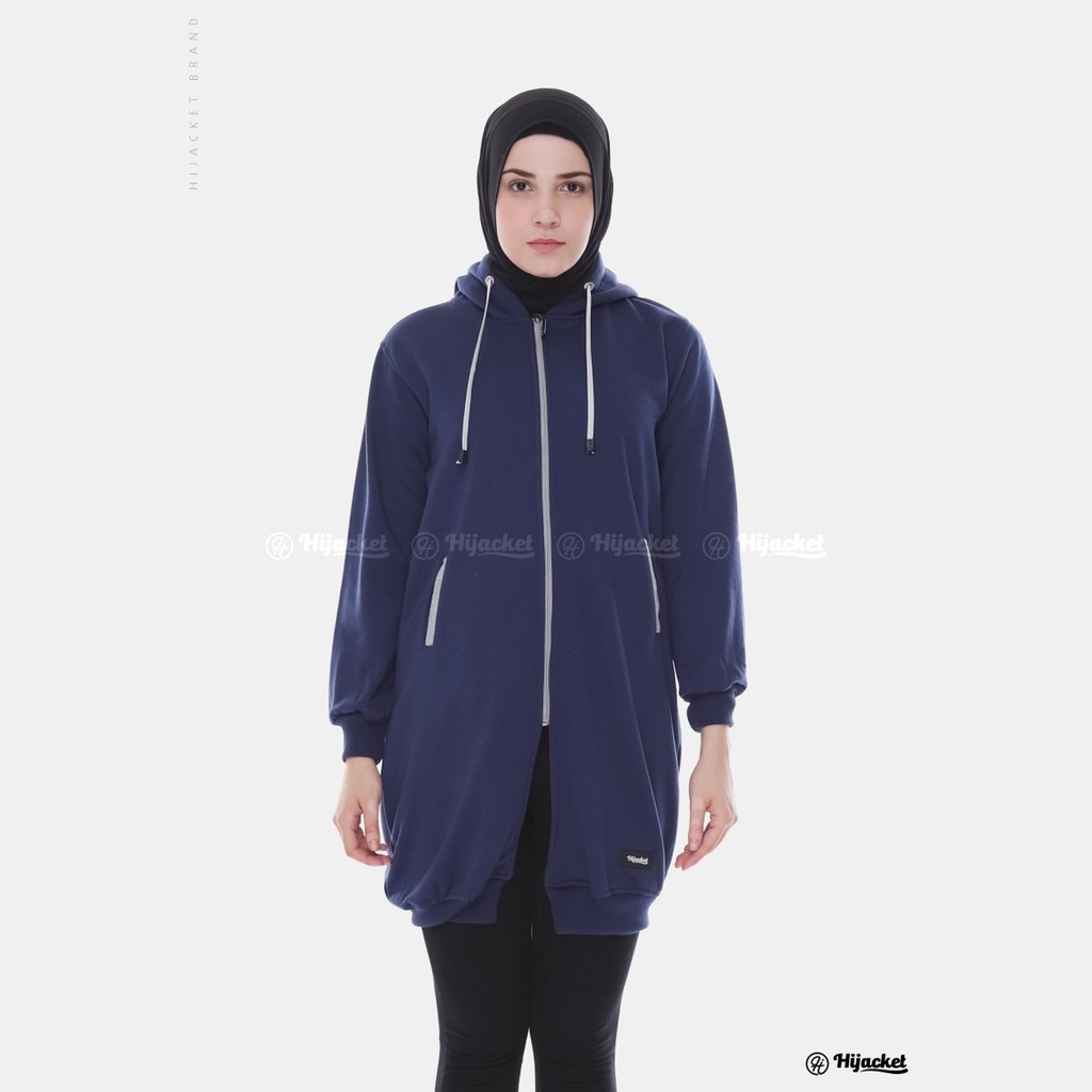 Hijacket Basic jaket hijab wanita Muslim Syari panjang polos tebal (COD bayar di rumah)-HJ1 Navy x Grey
