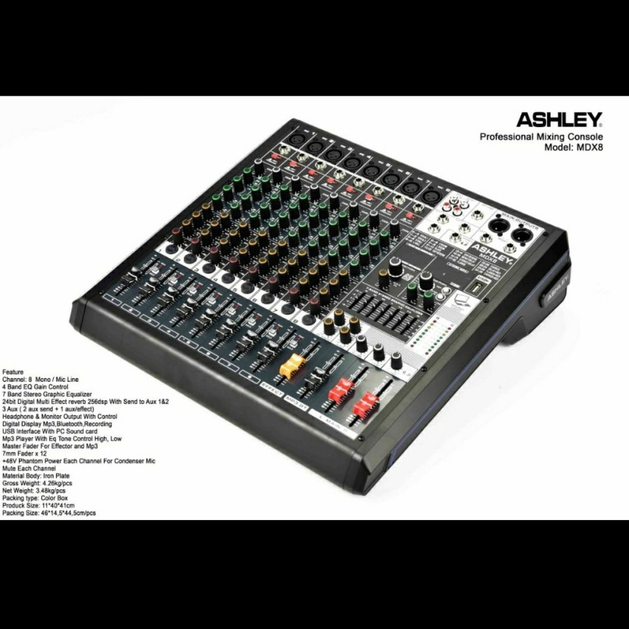 MIXER AUDIO ASHLEY MDX8 8CHUSB-BLUETOOTH-RECORDING NEW