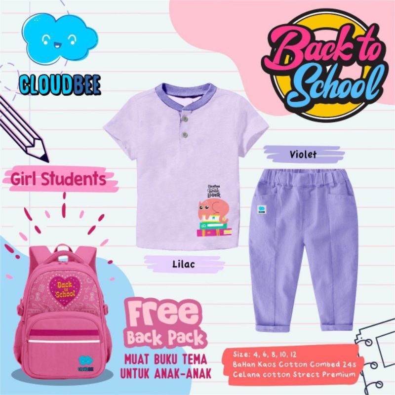 setelan anak cewe cloud bee free tas