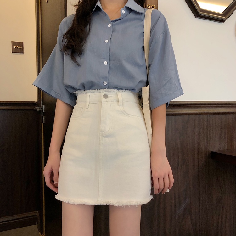 Rok Jeans Pendek A-Line Rok Denim Skirt Pinggang Tinggi Gaya Korea