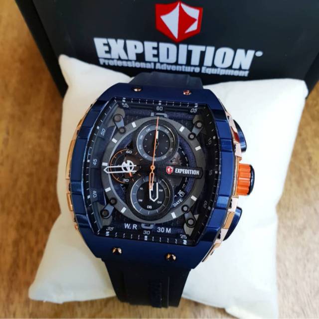 Jam tangan expedition E 6782 pria original rosegold blue navy tali rubber hitam