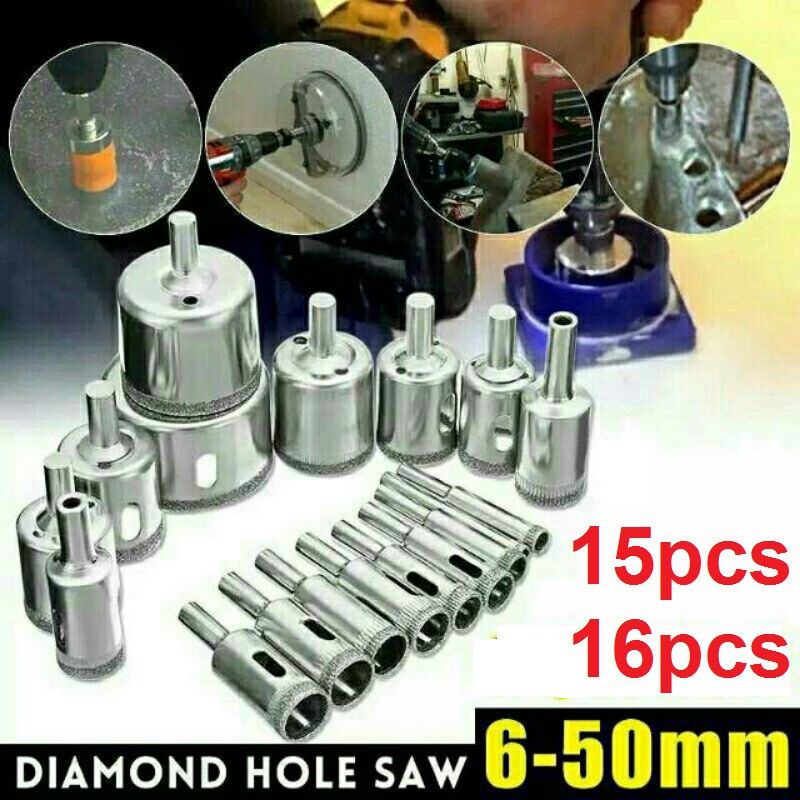 Mata Bor Kaca Holesaw Hole Saw Keramik Granit Marmer Batu Porselen Diamond Hss Pelubang Keramik Mata Bor Keramik dan Kaca Diamond Hole Saw Lubang Keramik Kaca 16/15/10 Pcs