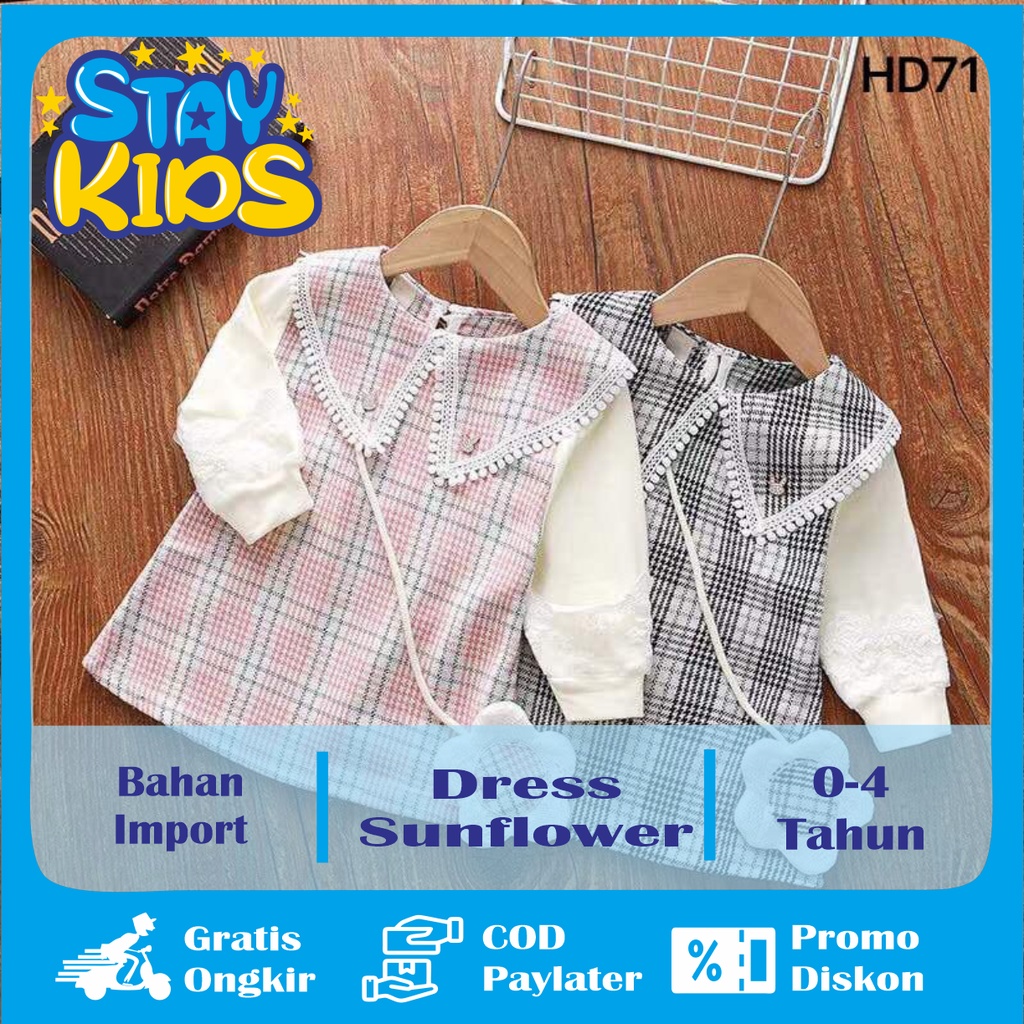 STAY KIDS Dress Anak Babydoll Square Sunflower Import untuk Bayi Perempuan Cewek umur 1 2 3 4 Tahun