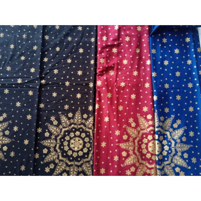 Kain batik prada print bahan baju seragam batik HT biru gold bridesmaid motif prada matahari